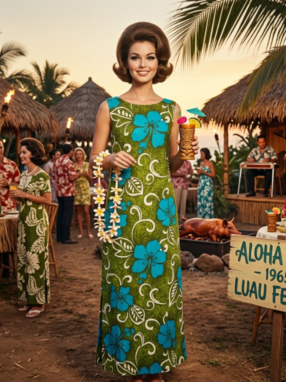 Vtg 60s KeAno hawaiian tropical floral sleeveless barkcloth long maxi dress